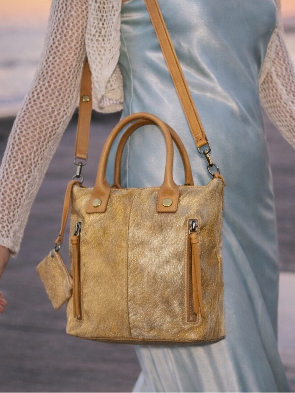 Anthropologie Miss Albright Athena Calf Hair Leather Crossbody Bag Tan Boho Chic
